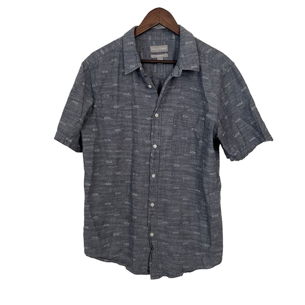 Falls Creek Men’s Large Button Down Shirt Short Sleeve Fish Blue Gray Modern Fit